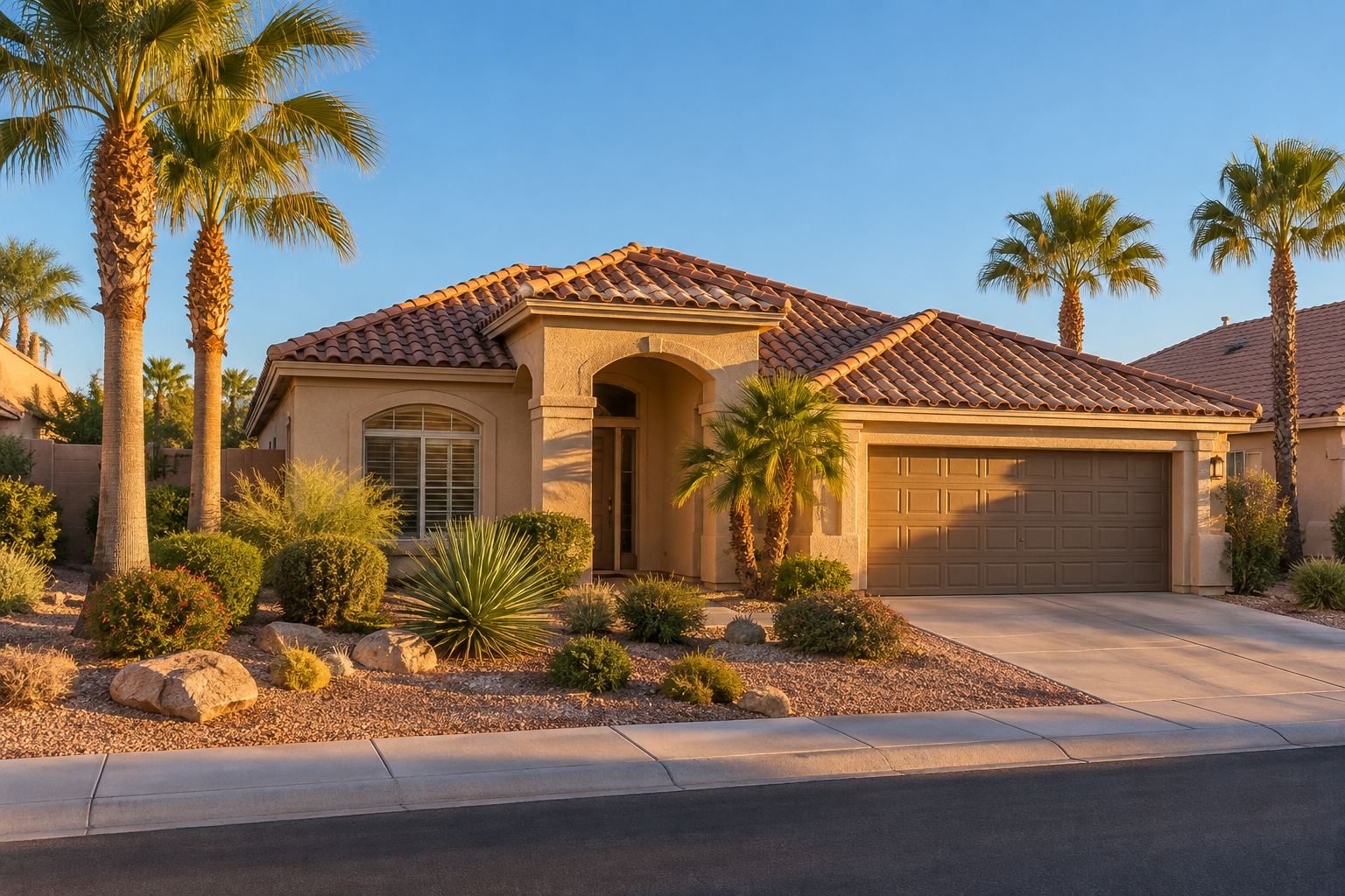 A stucco Las Vegas area home with desert landscaping, illustrative