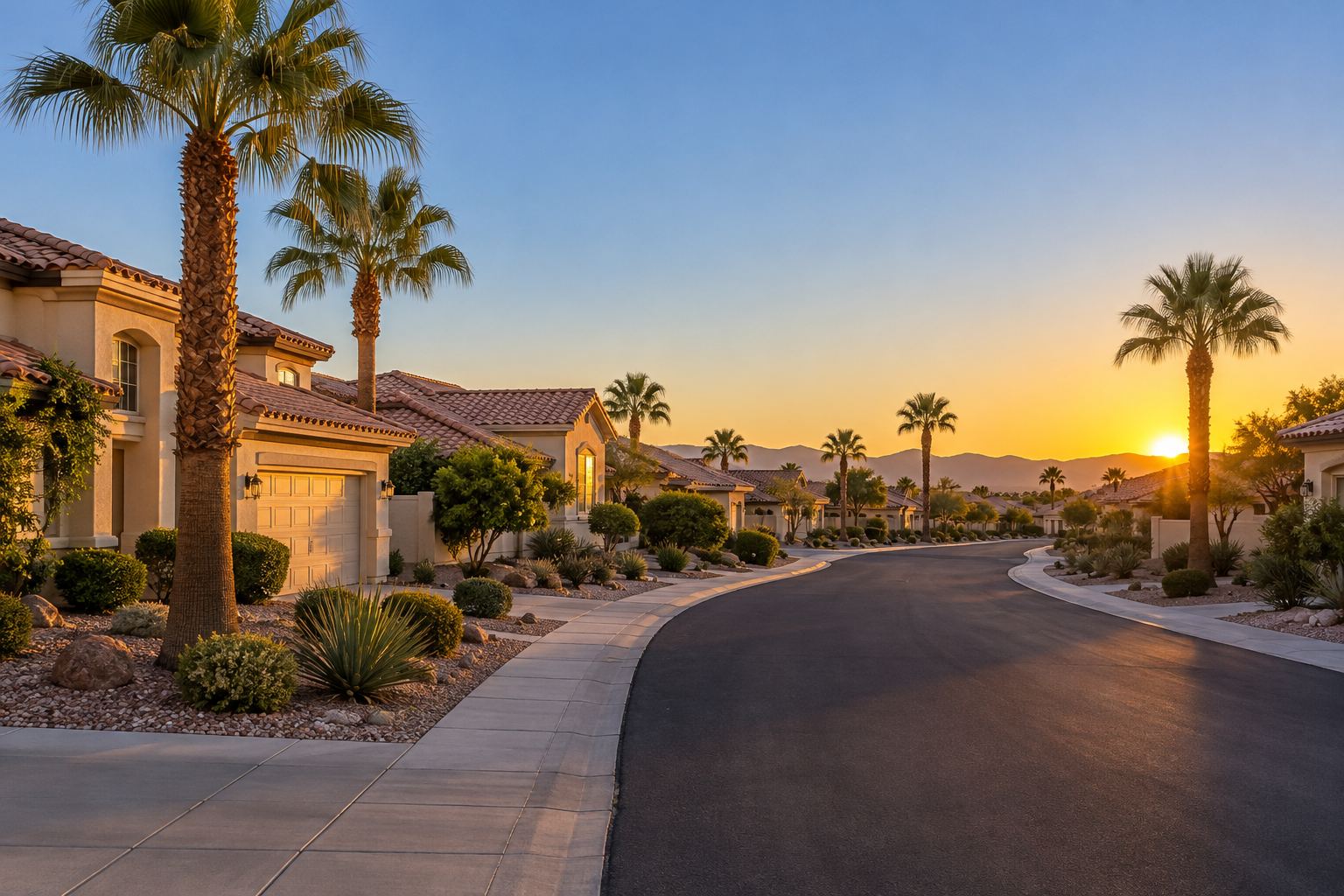 A Las Vegas residential street at sunset, illustrative