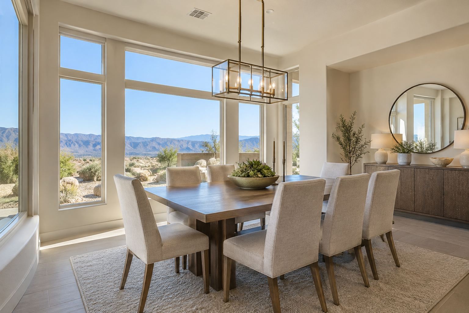 A bright dining room, illustrative